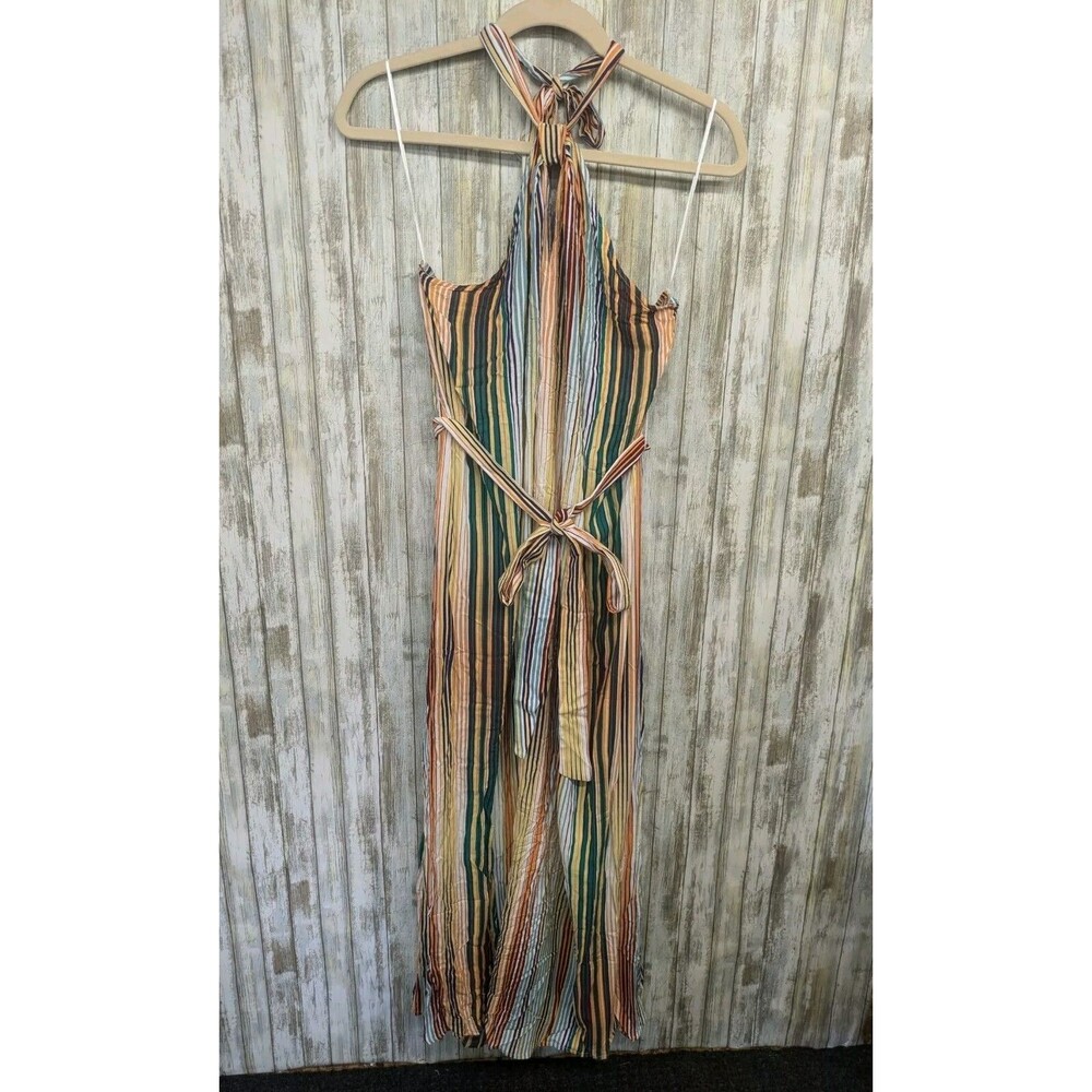 ELOQUII Elements Rainbow Striped Belted Maxi Dress Halter Keyhole Boho 22/24
